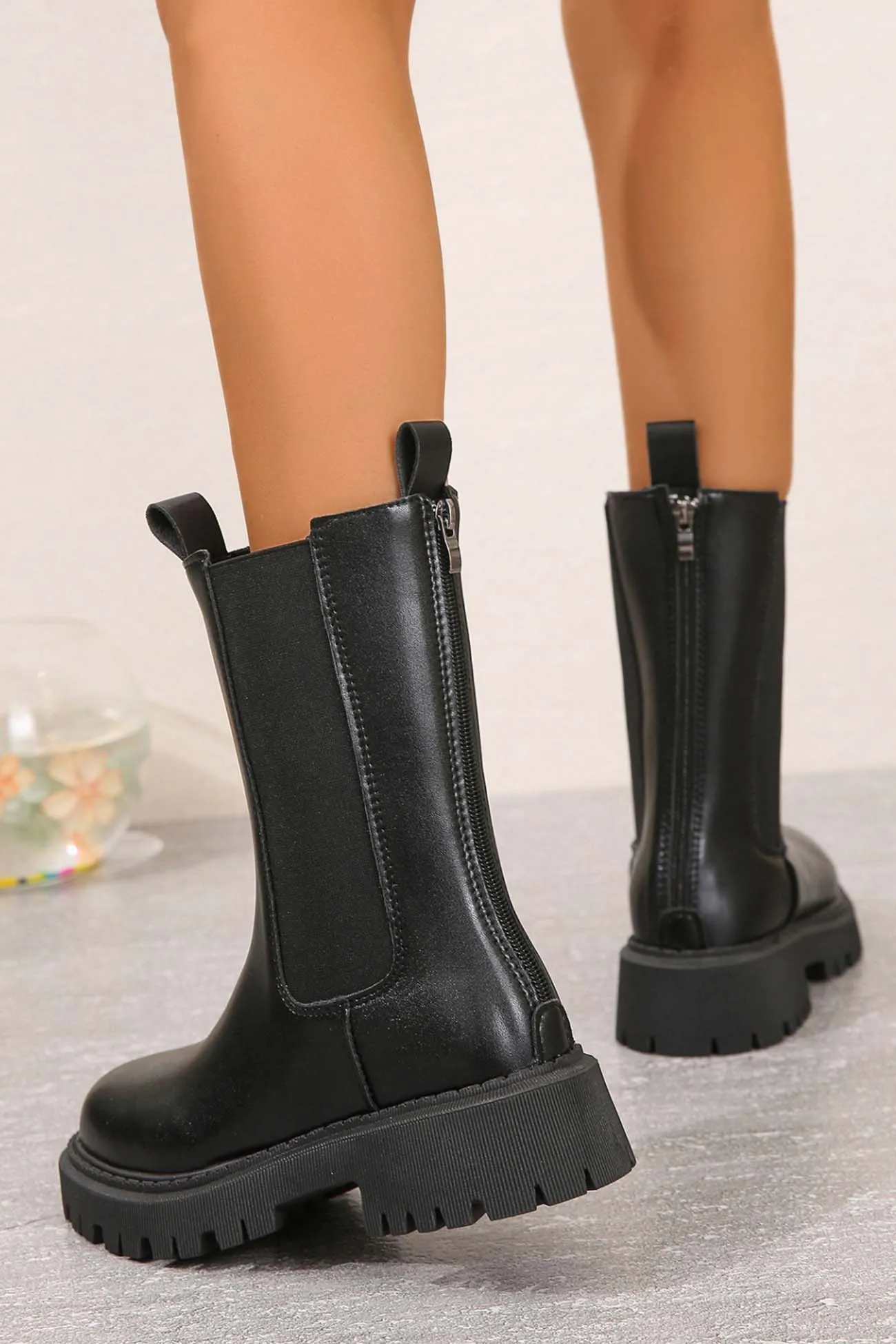 Solid Color Mid-Calf Platform Boots