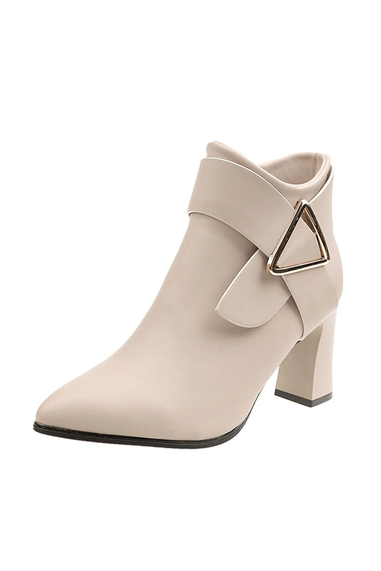 Solid Color Pointed Toe Buckle Ankle Boots