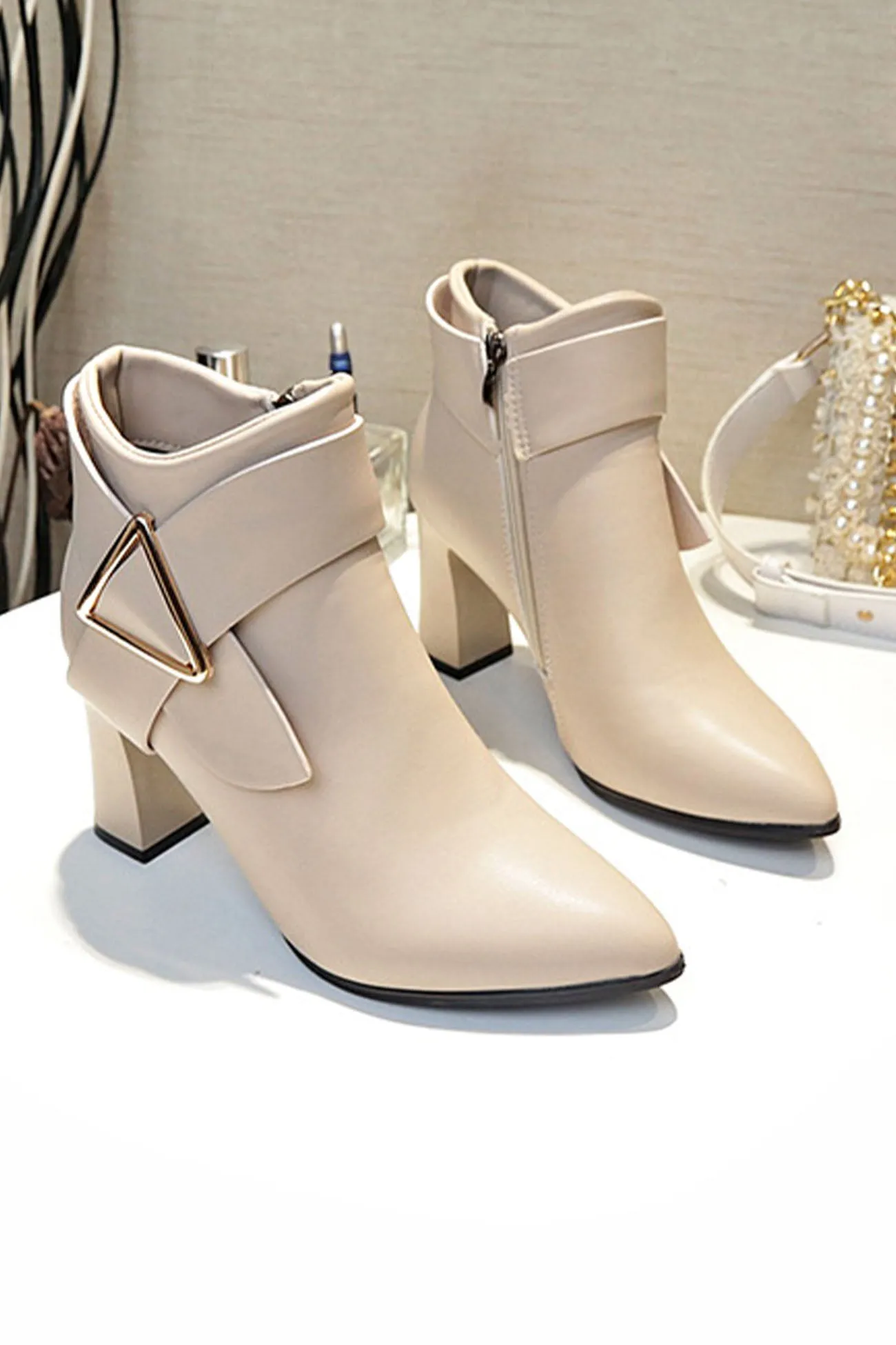 Solid Color Pointed Toe Buckle Ankle Boots