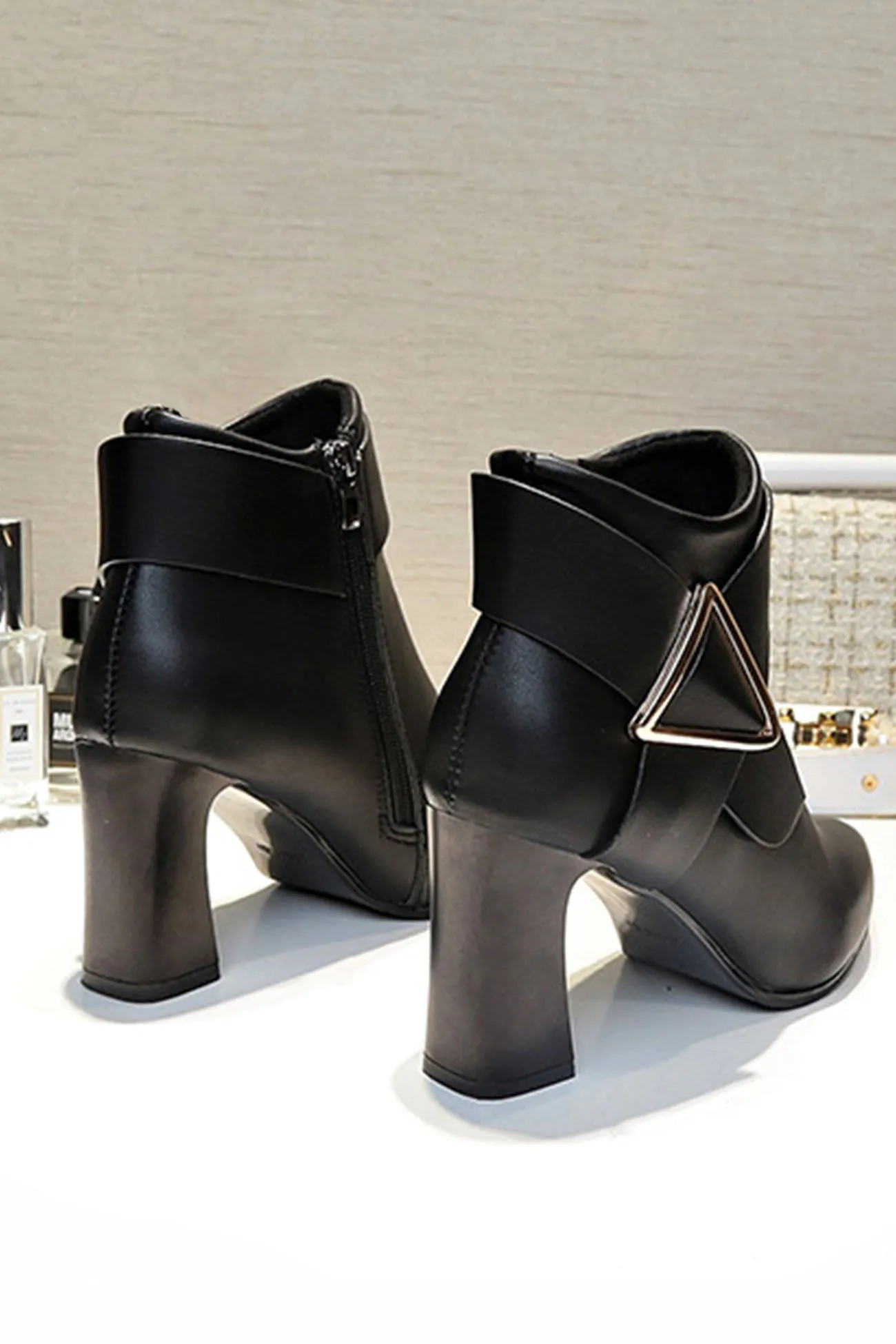 Solid Color Pointed Toe Buckle Ankle Boots