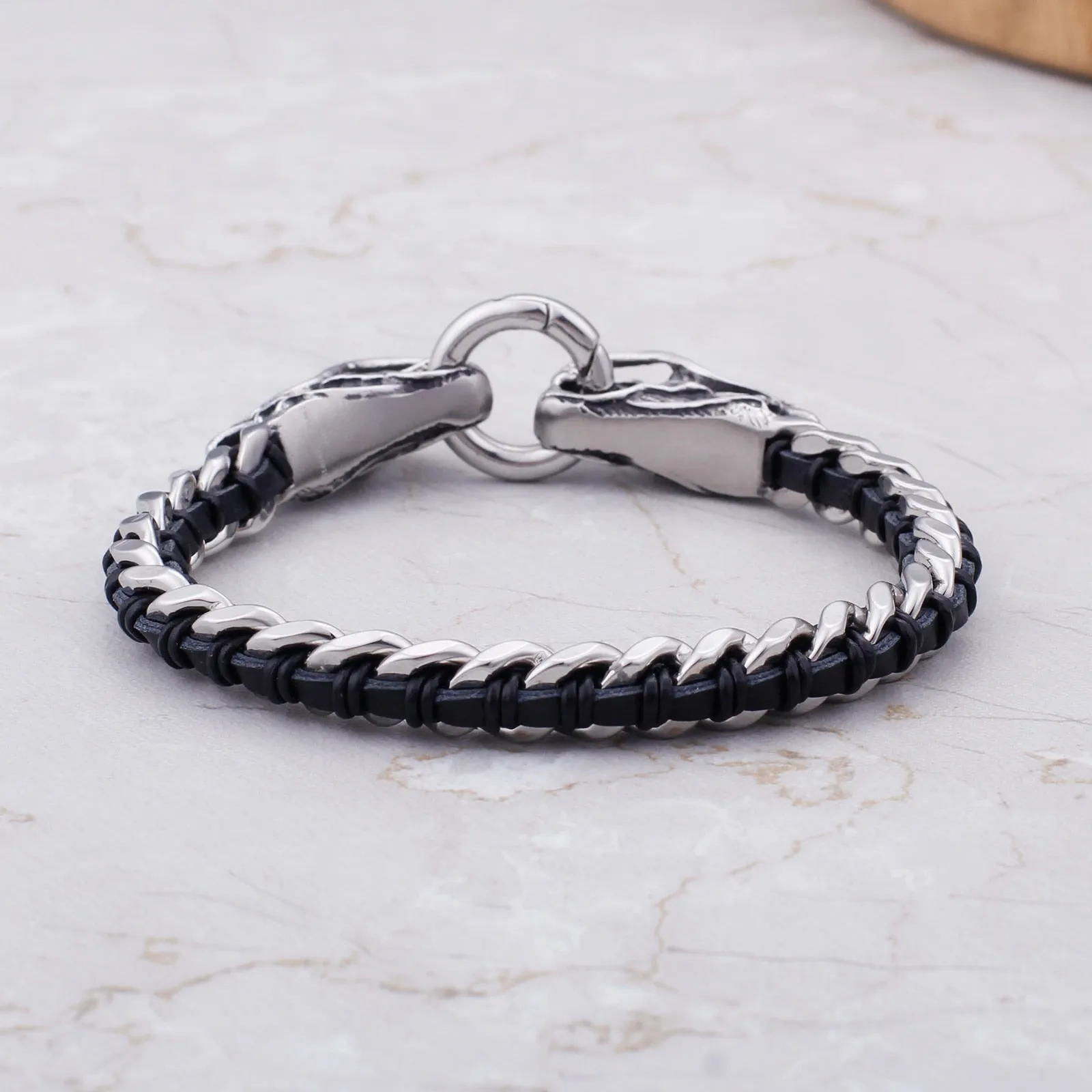 Stainless Steel Woven Leather Double Dragon Bracelet