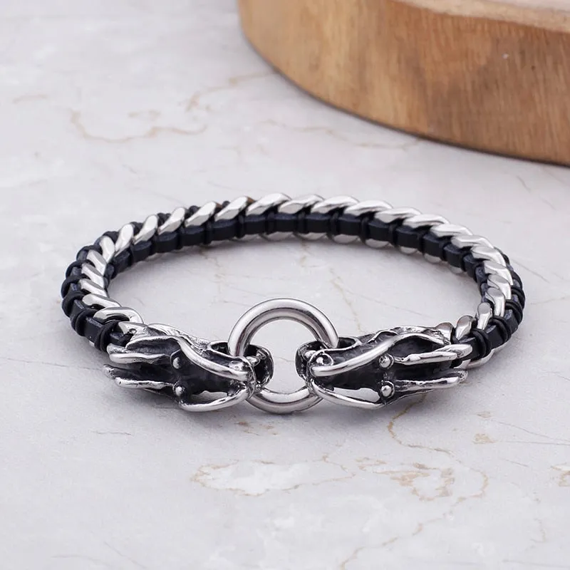 Stainless Steel Woven Leather Double Dragon Bracelet