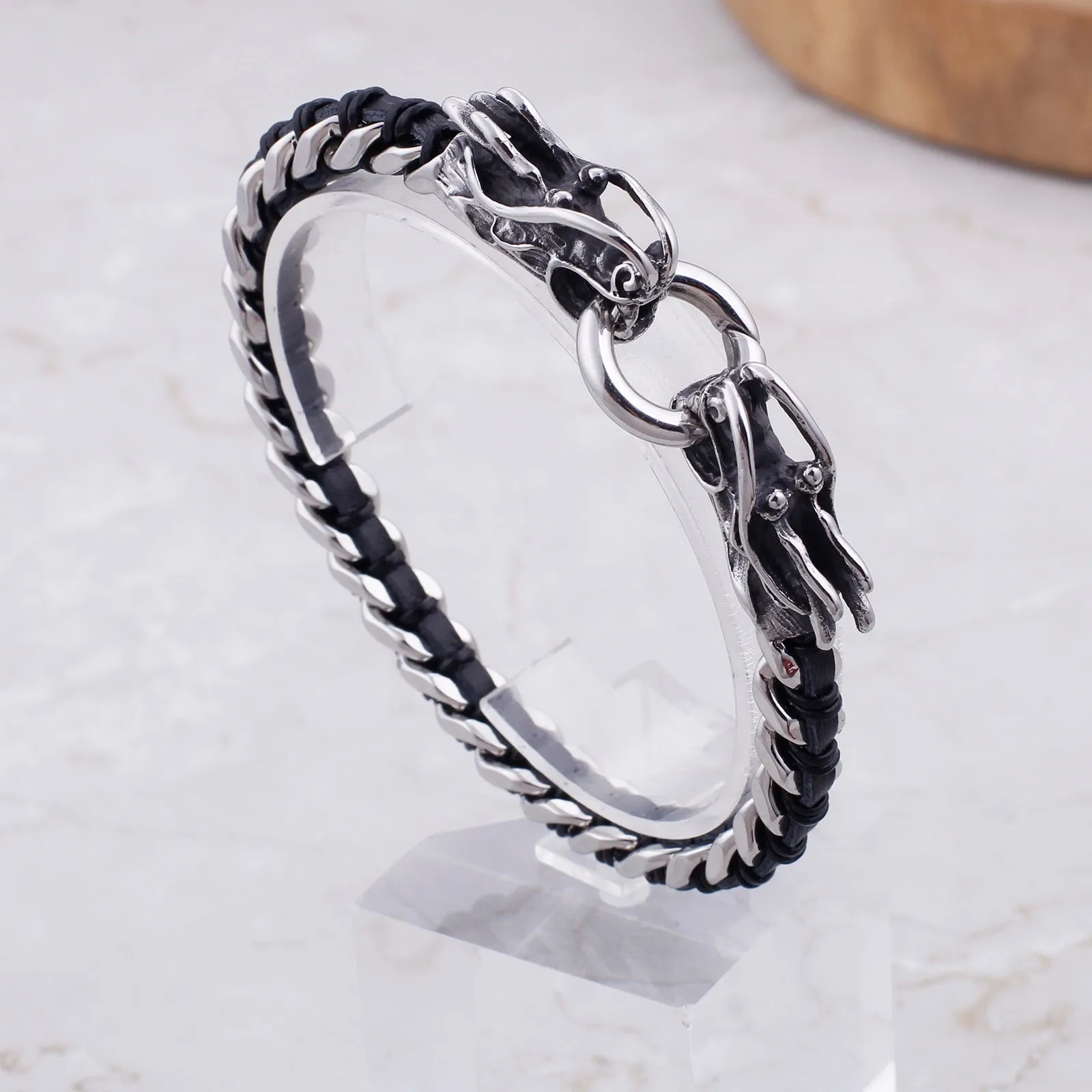 Stainless Steel Woven Leather Double Dragon Bracelet