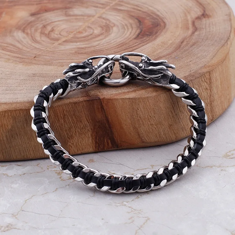 Stainless Steel Woven Leather Double Dragon Bracelet