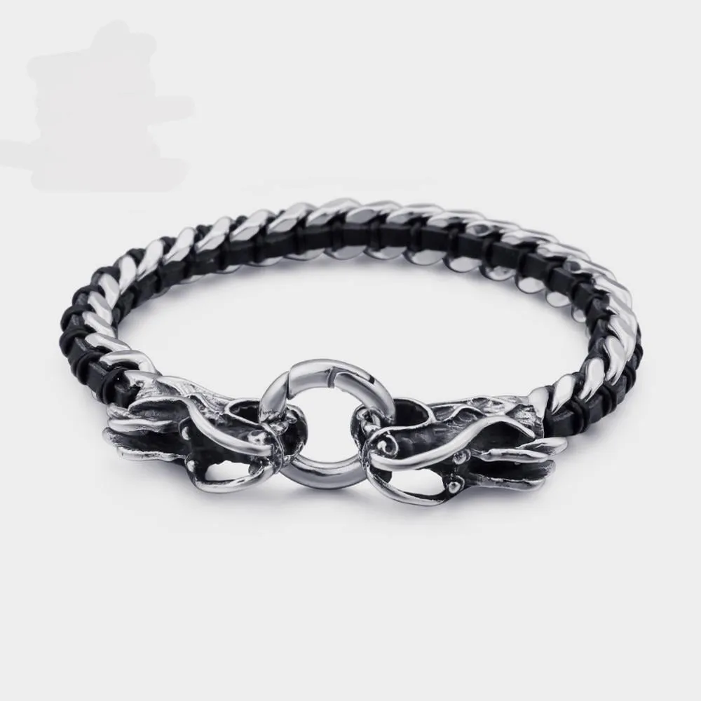 Stainless Steel Woven Leather Double Dragon Bracelet