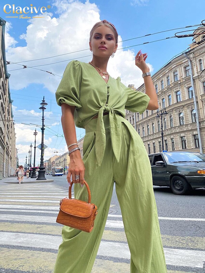 Summer Puff Sleeve Shirts Set Woman 2 Piece Casual High Waist Wide Trouser Suits Female Vintage Loose Green Pants Set