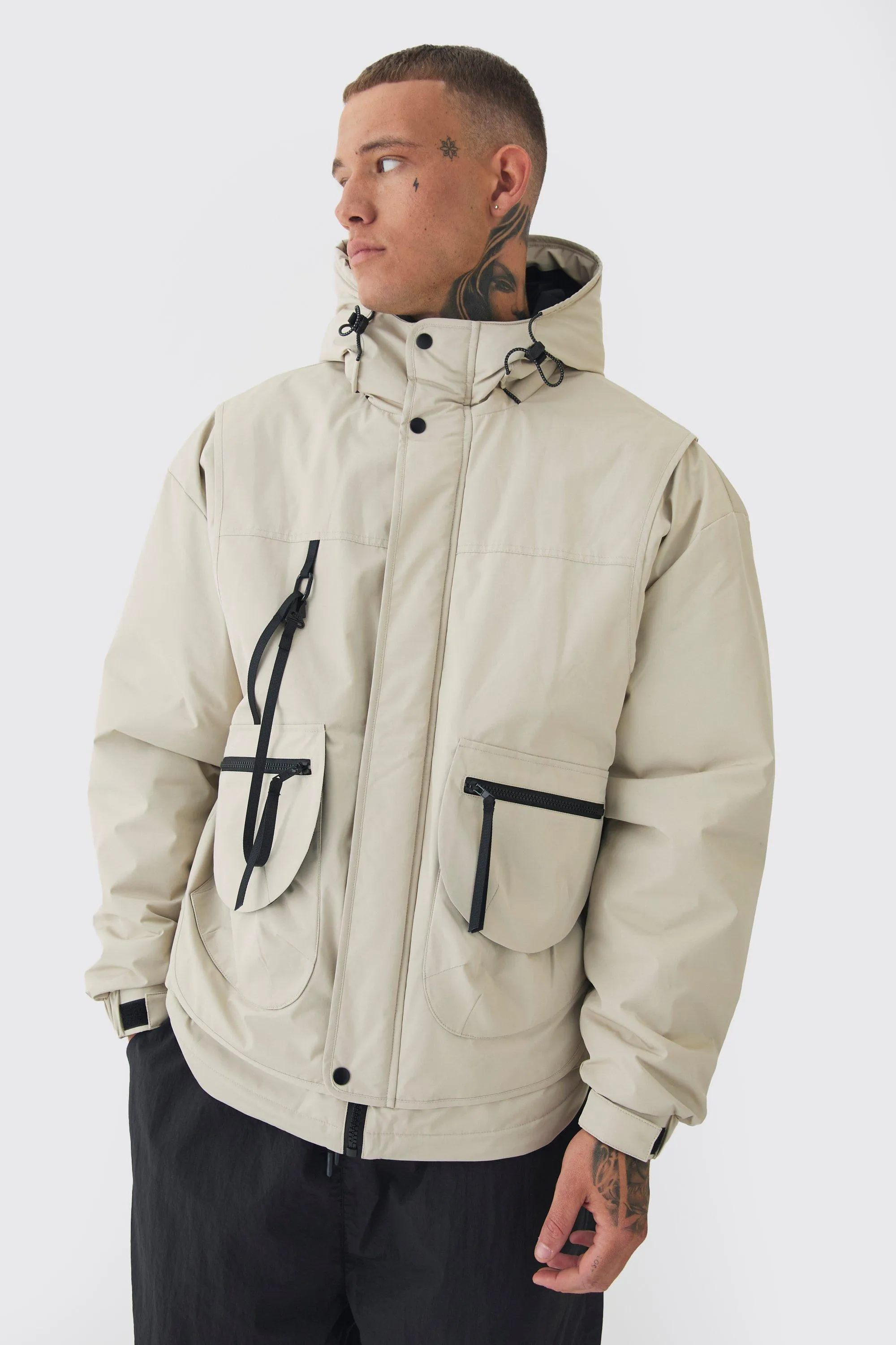 Tall Hooded Utility Tech Parka Jacket In Stone | boohooMAN UK