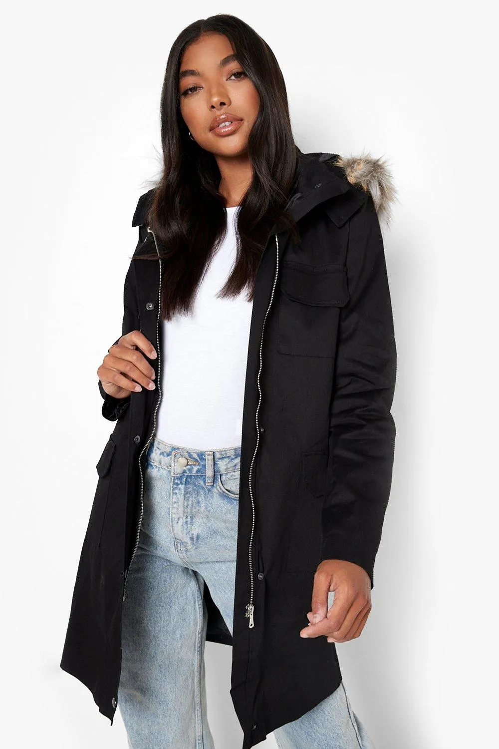 Tall Pocket Faux Fur Trim Hooded Parka Coat