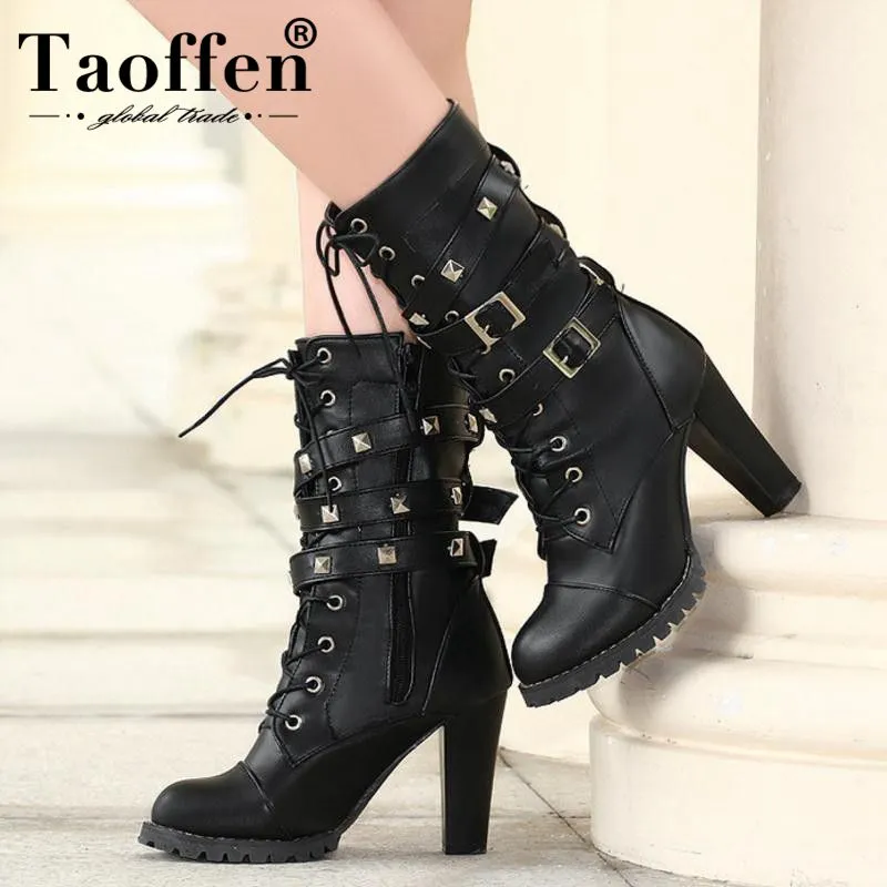 TAOFFEN Ladies Women boots High heels Platform Buckle Zipper