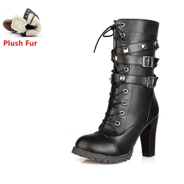 TAOFFEN Ladies Women boots High heels Platform Buckle Zipper