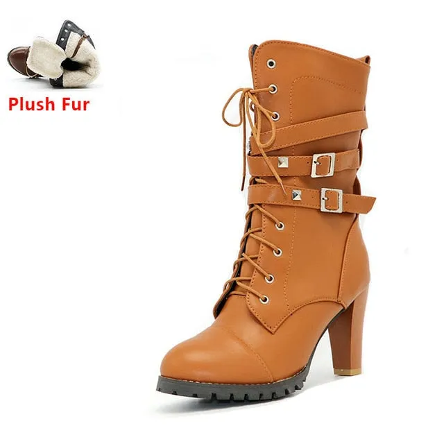 TAOFFEN Ladies Women boots High heels Platform Buckle Zipper