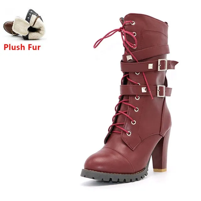 TAOFFEN Ladies Women boots High heels Platform Buckle Zipper