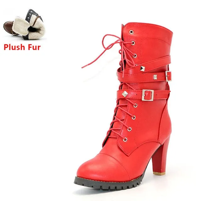 TAOFFEN Ladies Women boots High heels Platform Buckle Zipper