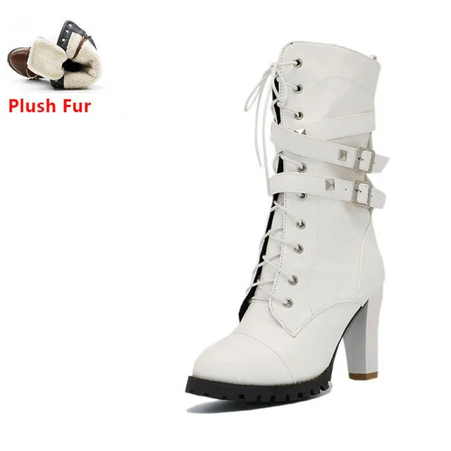 TAOFFEN Ladies Women boots High heels Platform Buckle Zipper