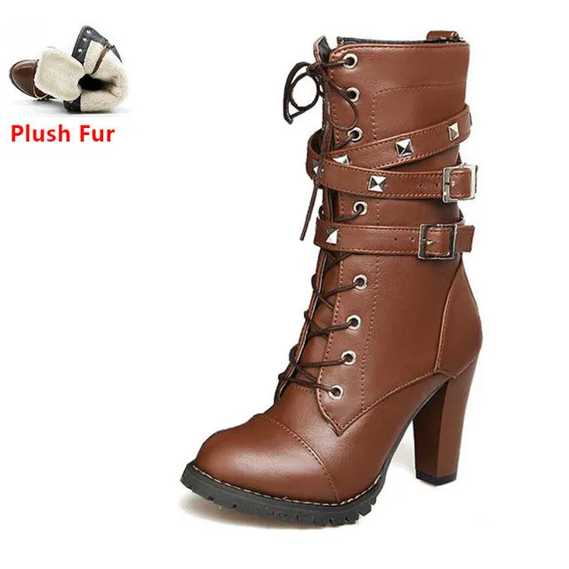 TAOFFEN Ladies Women boots High heels Platform Buckle Zipper