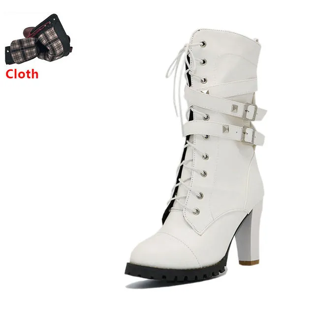 TAOFFEN Ladies Women boots High heels Platform Buckle Zipper