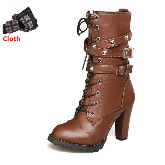 TAOFFEN Ladies Women boots High heels Platform Buckle Zipper