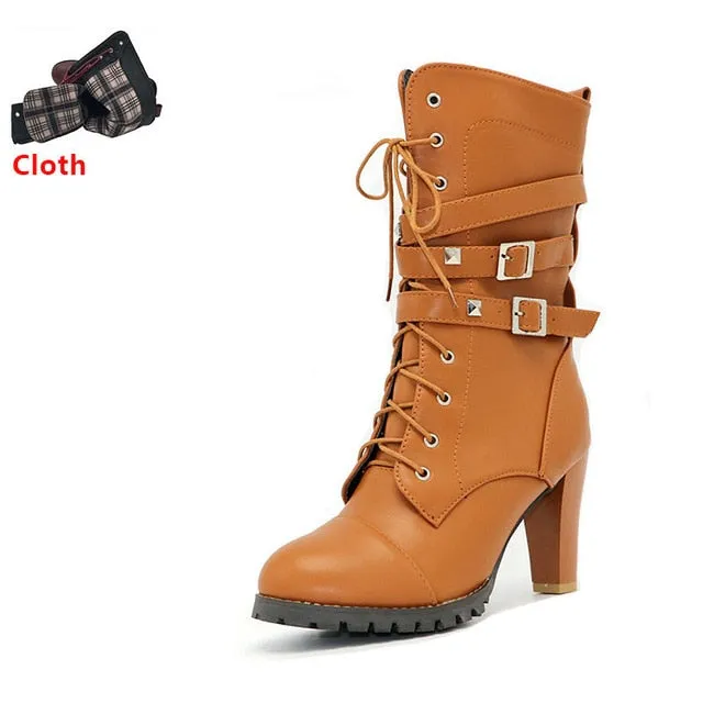 TAOFFEN Ladies Women boots High heels Platform Buckle Zipper