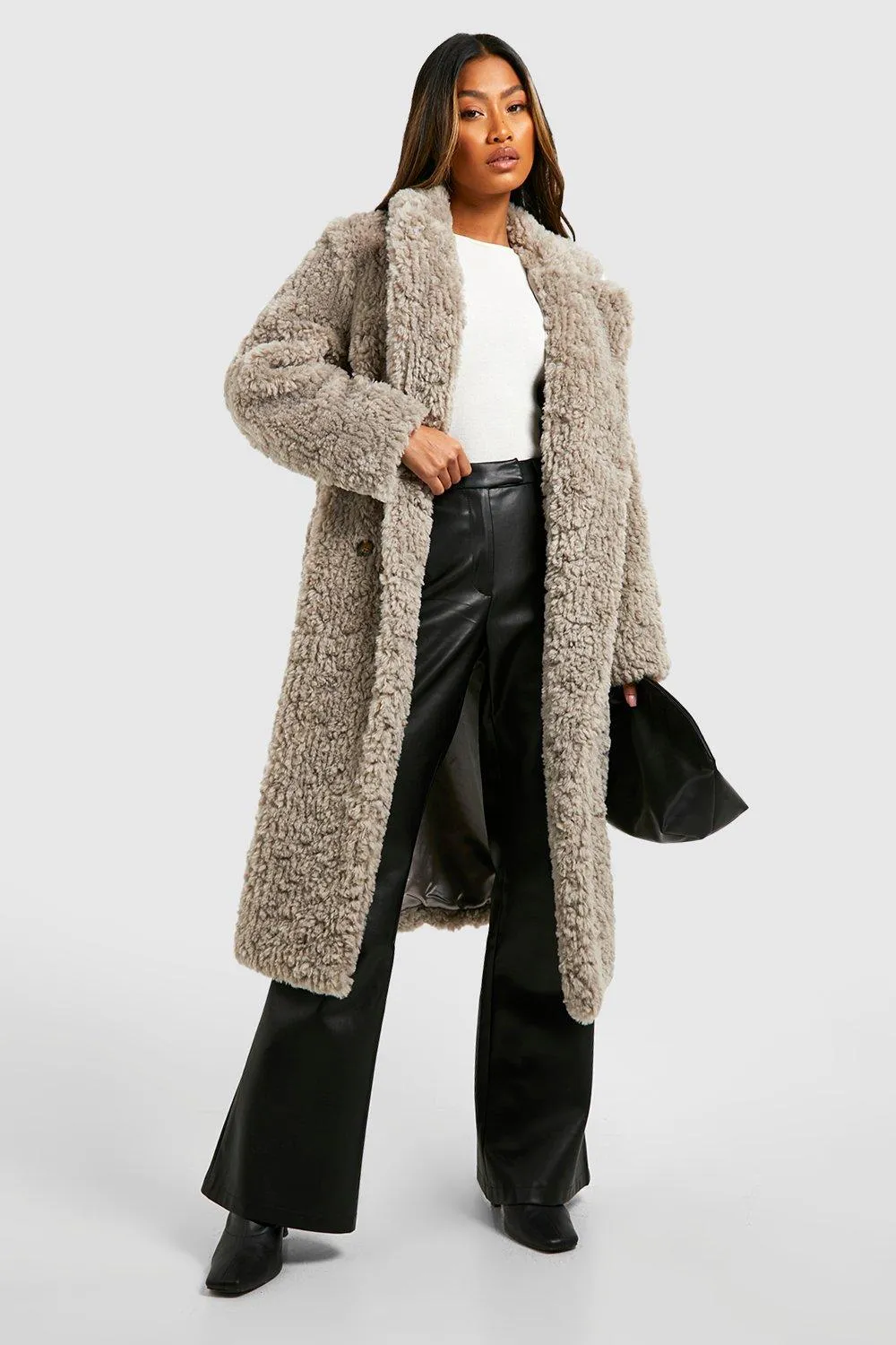 Textured Faux Fur Double Breasted Coat