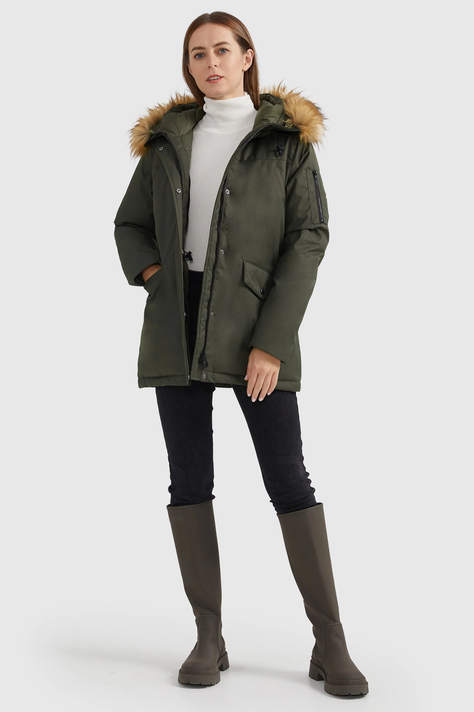 Thickened Down Coat with Faux Fur Trim Hood