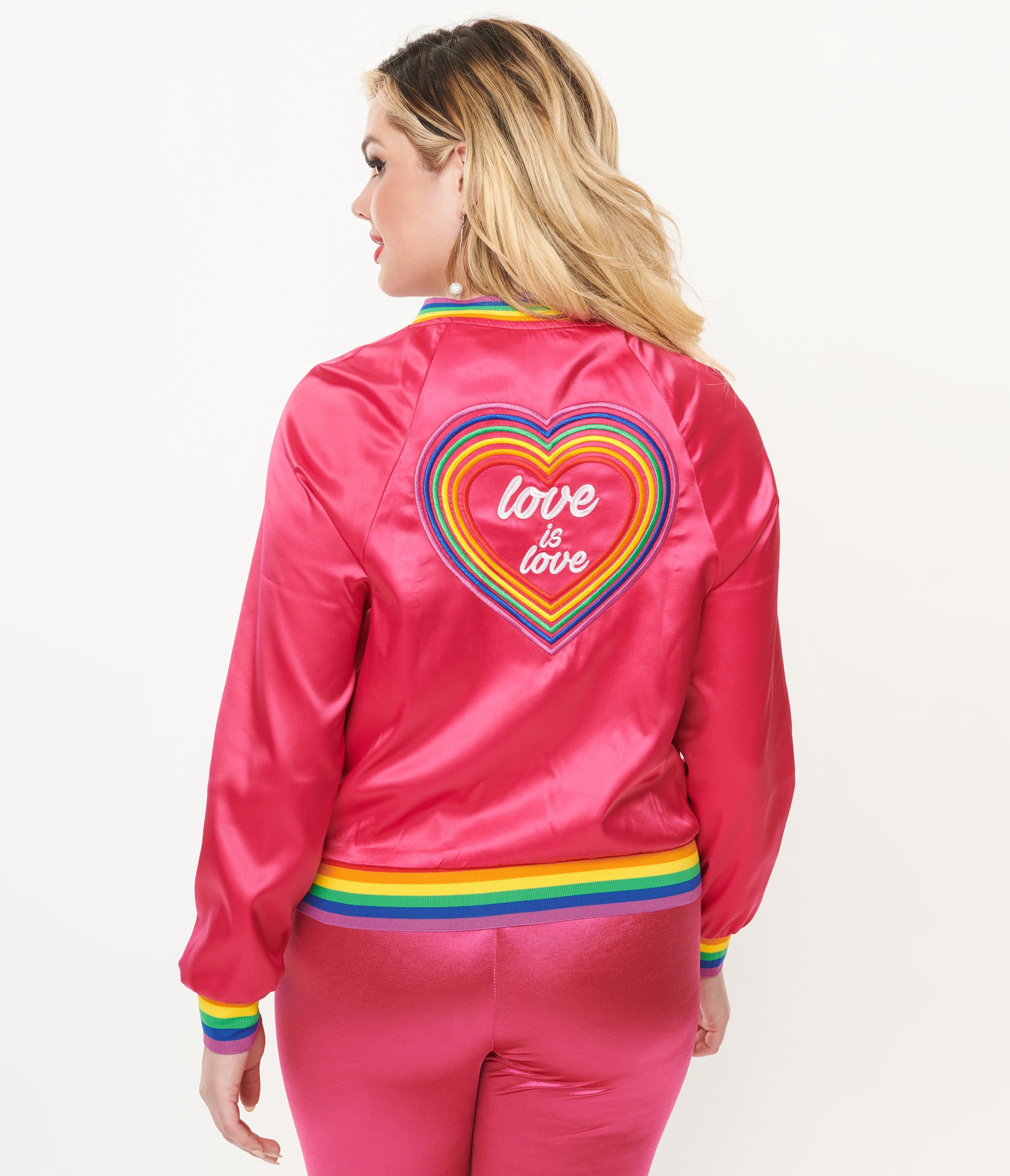 Unique Vintage Hot Pink & Rainbow Pride Satin Bomber Jacket