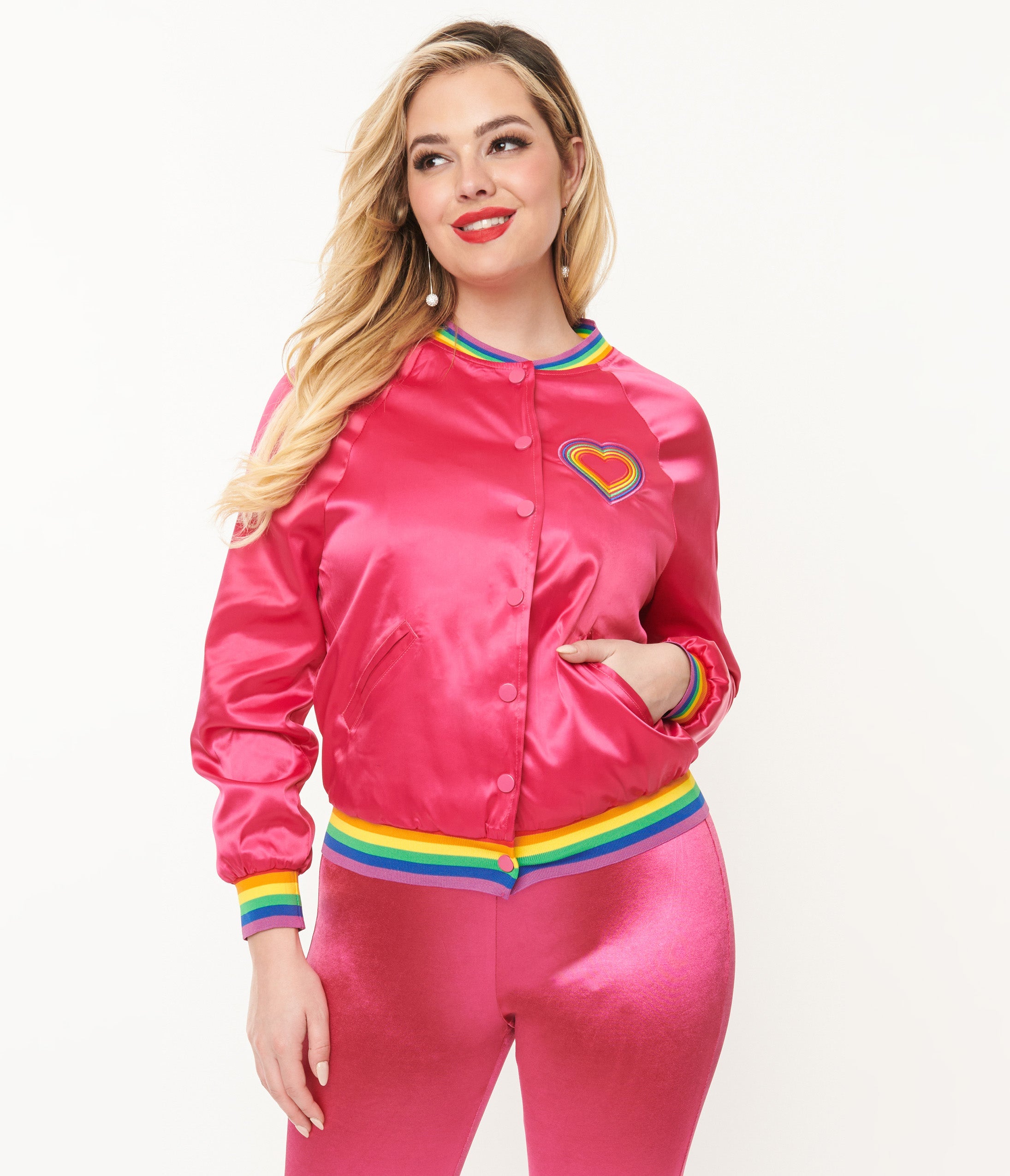 Unique Vintage Hot Pink & Rainbow Pride Satin Bomber Jacket