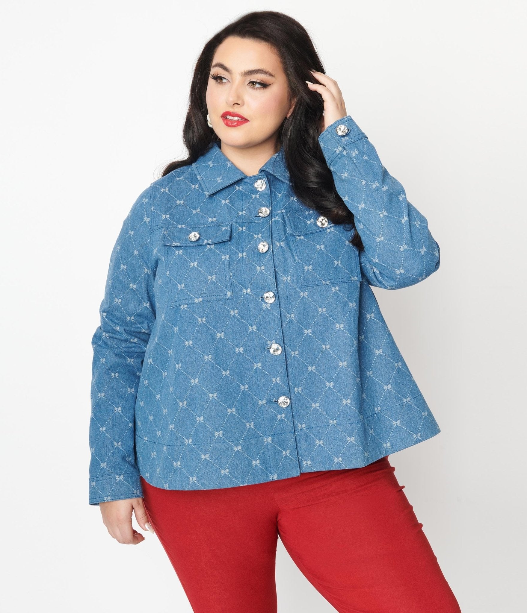 Unique Vintage Plus Size Blue Bow Denim Jacket