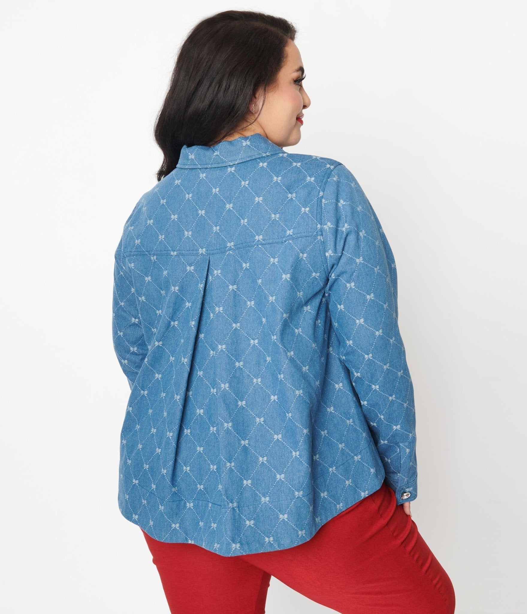 Unique Vintage Plus Size Blue Bow Denim Jacket