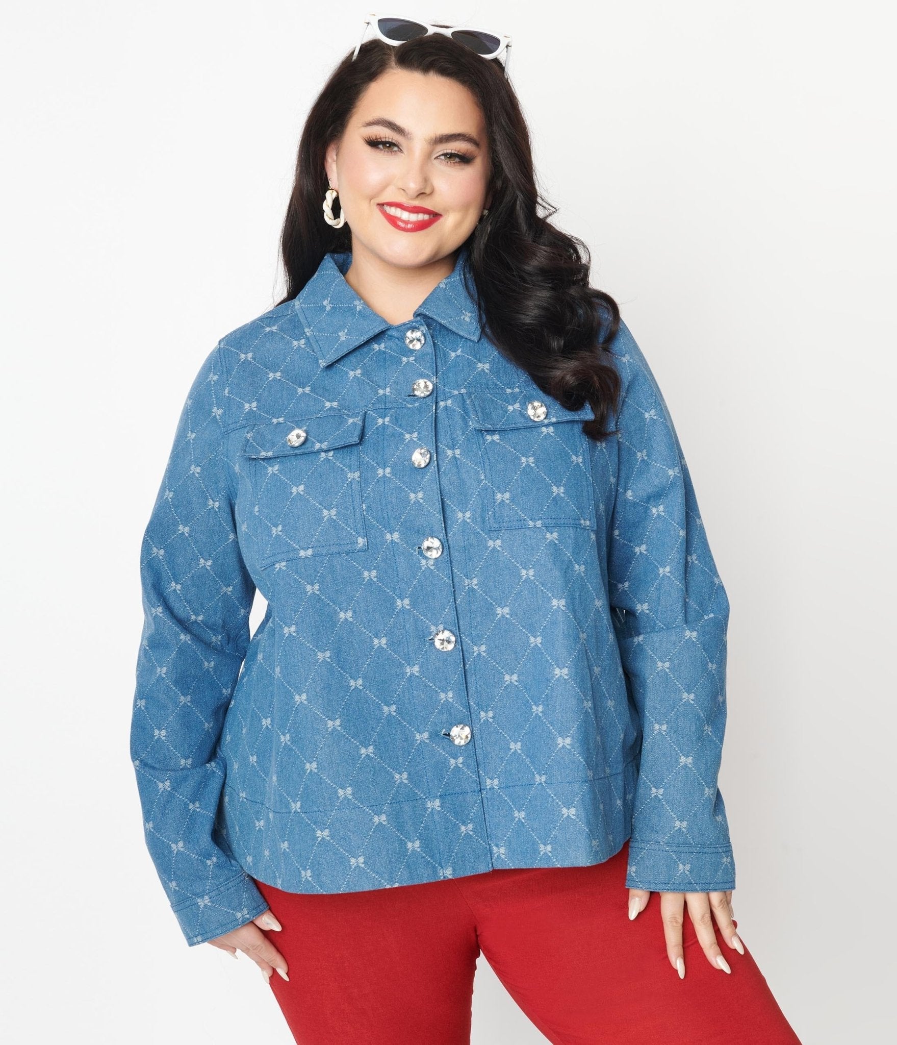 Unique Vintage Plus Size Blue Bow Denim Jacket