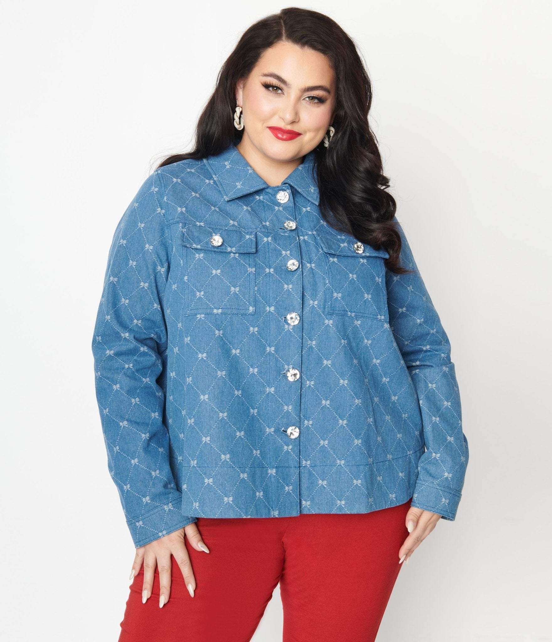 Unique Vintage Plus Size Blue Bow Denim Jacket