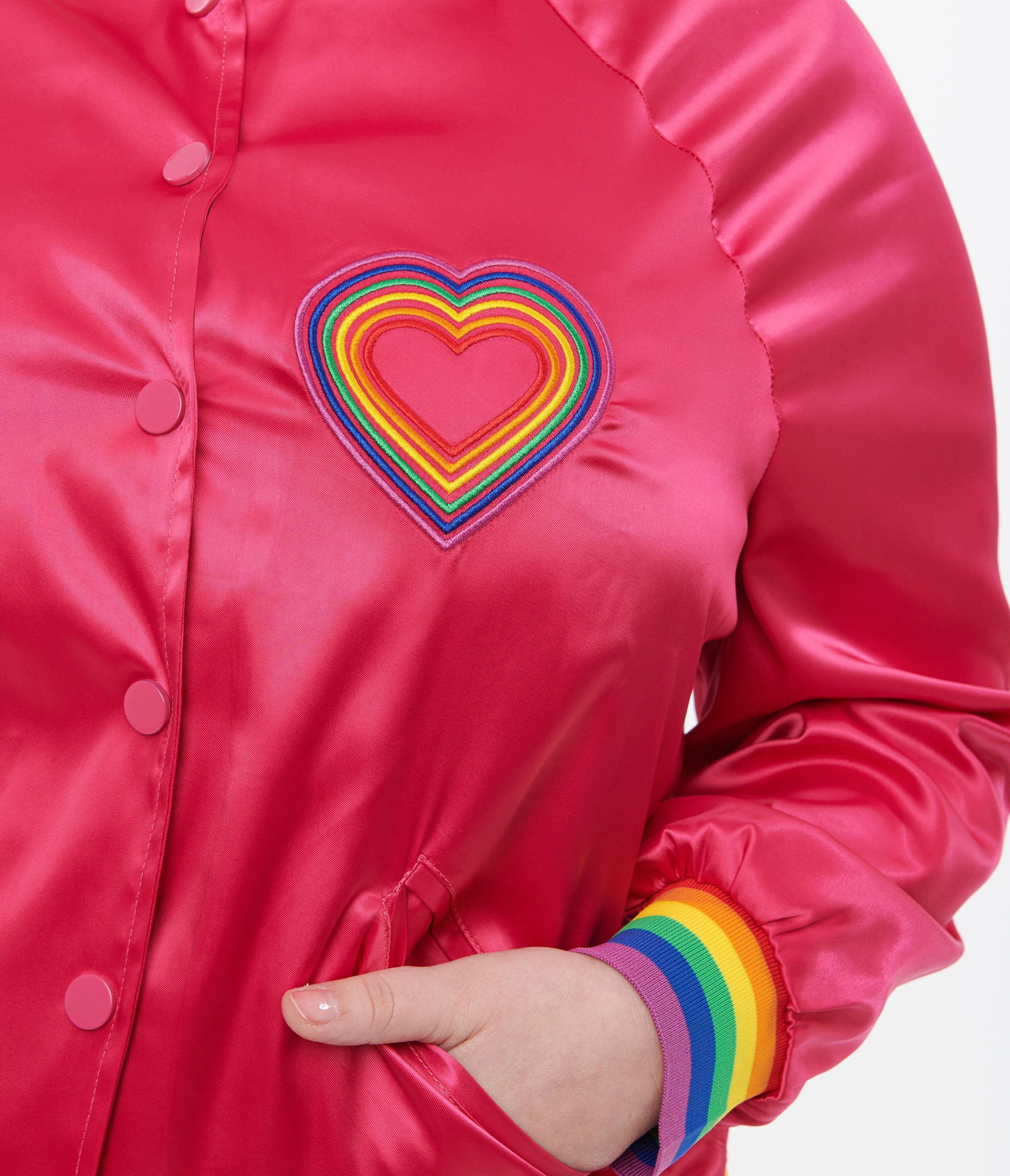 Unique Vintage Plus Size Hot Pink & Rainbow Pride Satin Bomber Jacket