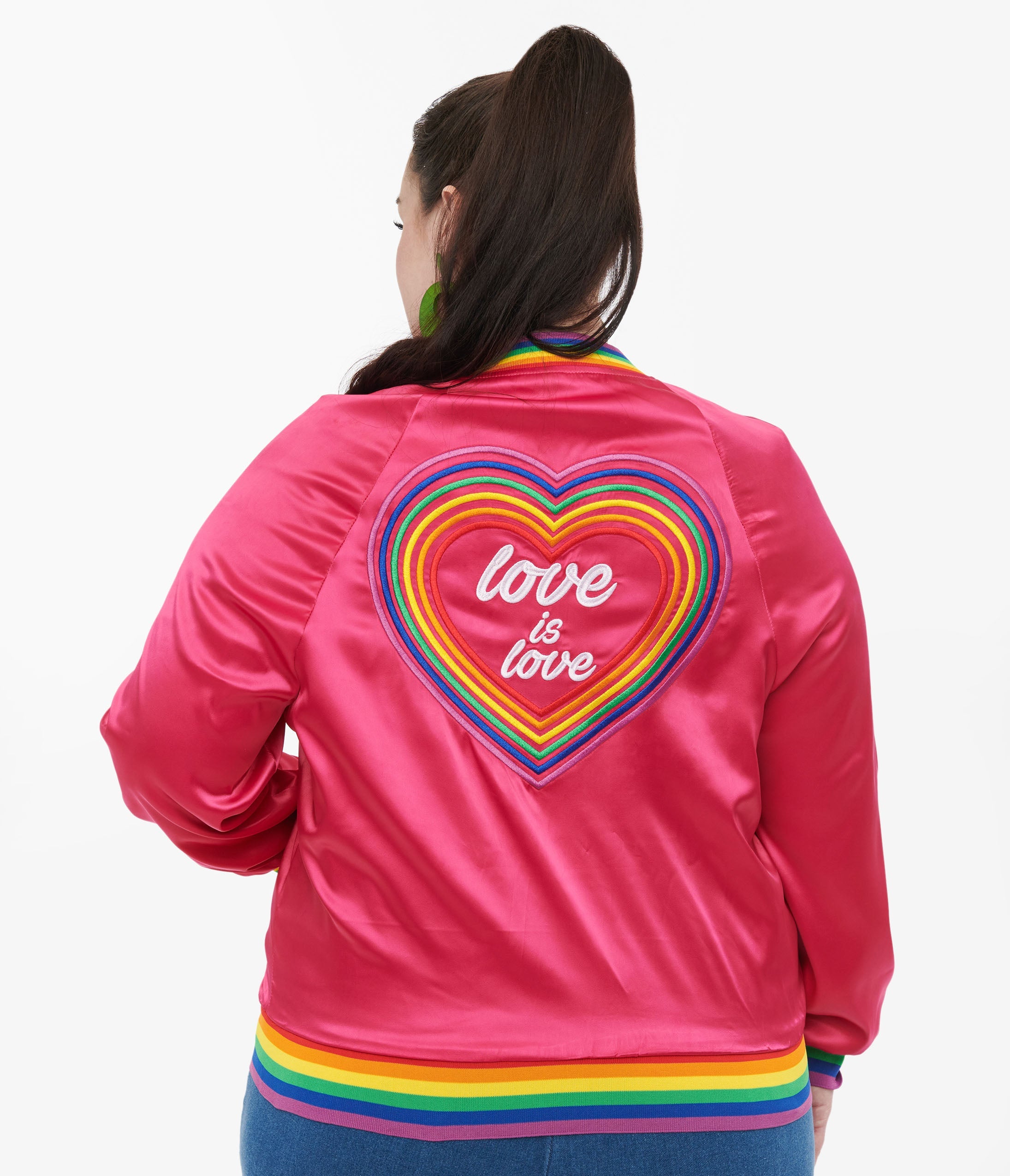 Unique Vintage Plus Size Hot Pink & Rainbow Pride Satin Bomber Jacket