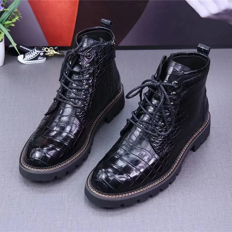 Unisex Genuine Leather Alligator Pattern Casual Short Ankle Boots