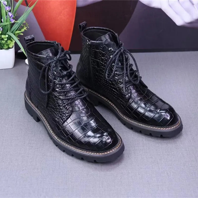 Unisex Genuine Leather Alligator Pattern Casual Short Ankle Boots