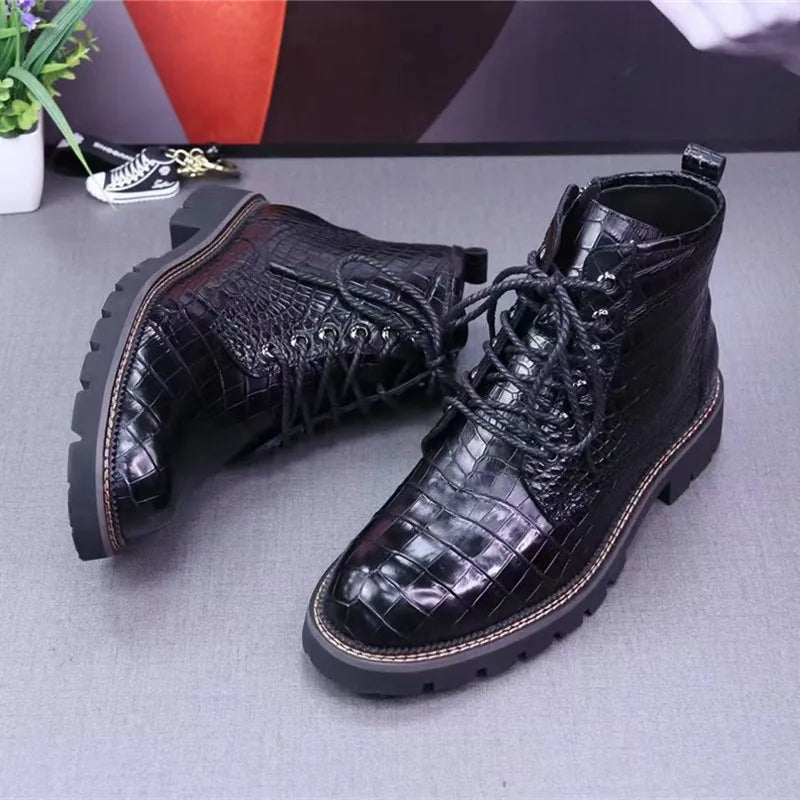 Unisex Genuine Leather Alligator Pattern Casual Short Ankle Boots