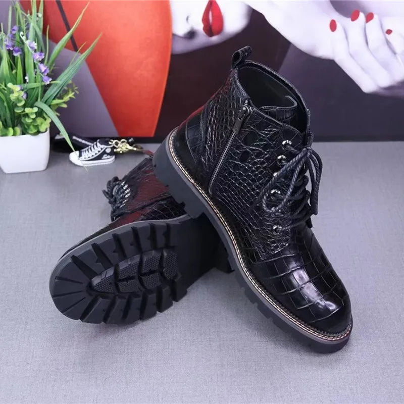 Unisex Genuine Leather Alligator Pattern Casual Short Ankle Boots