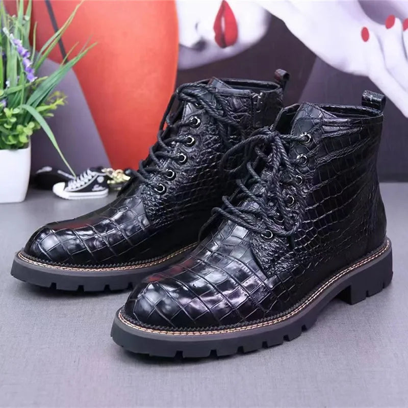 Unisex Genuine Leather Alligator Pattern Casual Short Ankle Boots