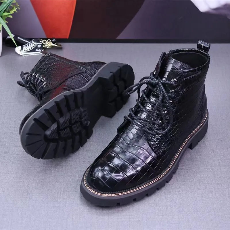 Unisex Genuine Leather Alligator Pattern Casual Short Ankle Boots