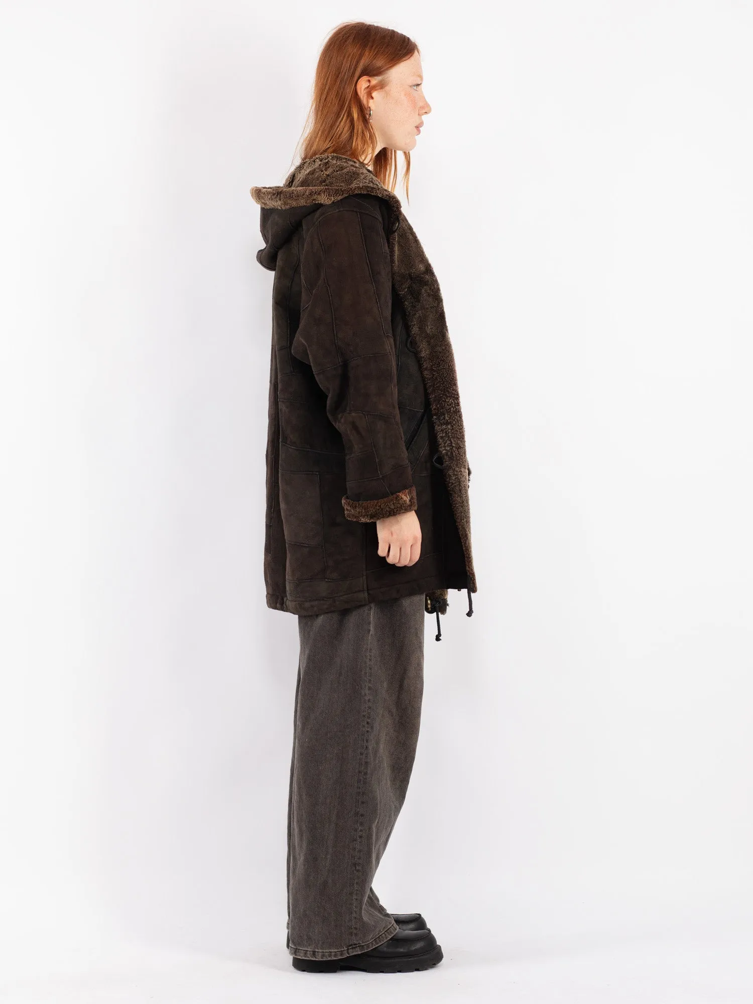 Vintage 90's Women Hooded Sheepskin Coat in Brown