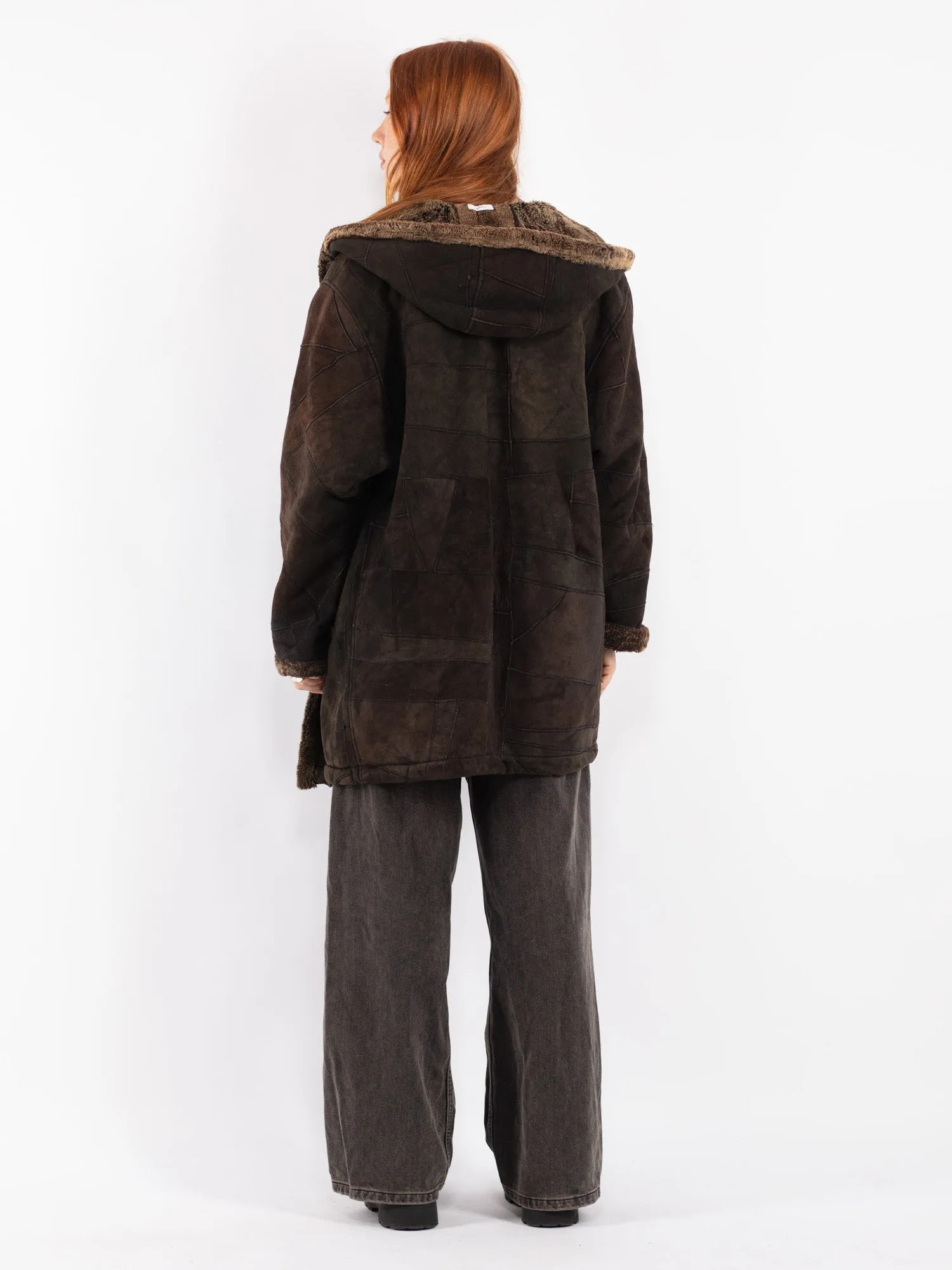 Vintage 90's Women Hooded Sheepskin Coat in Brown