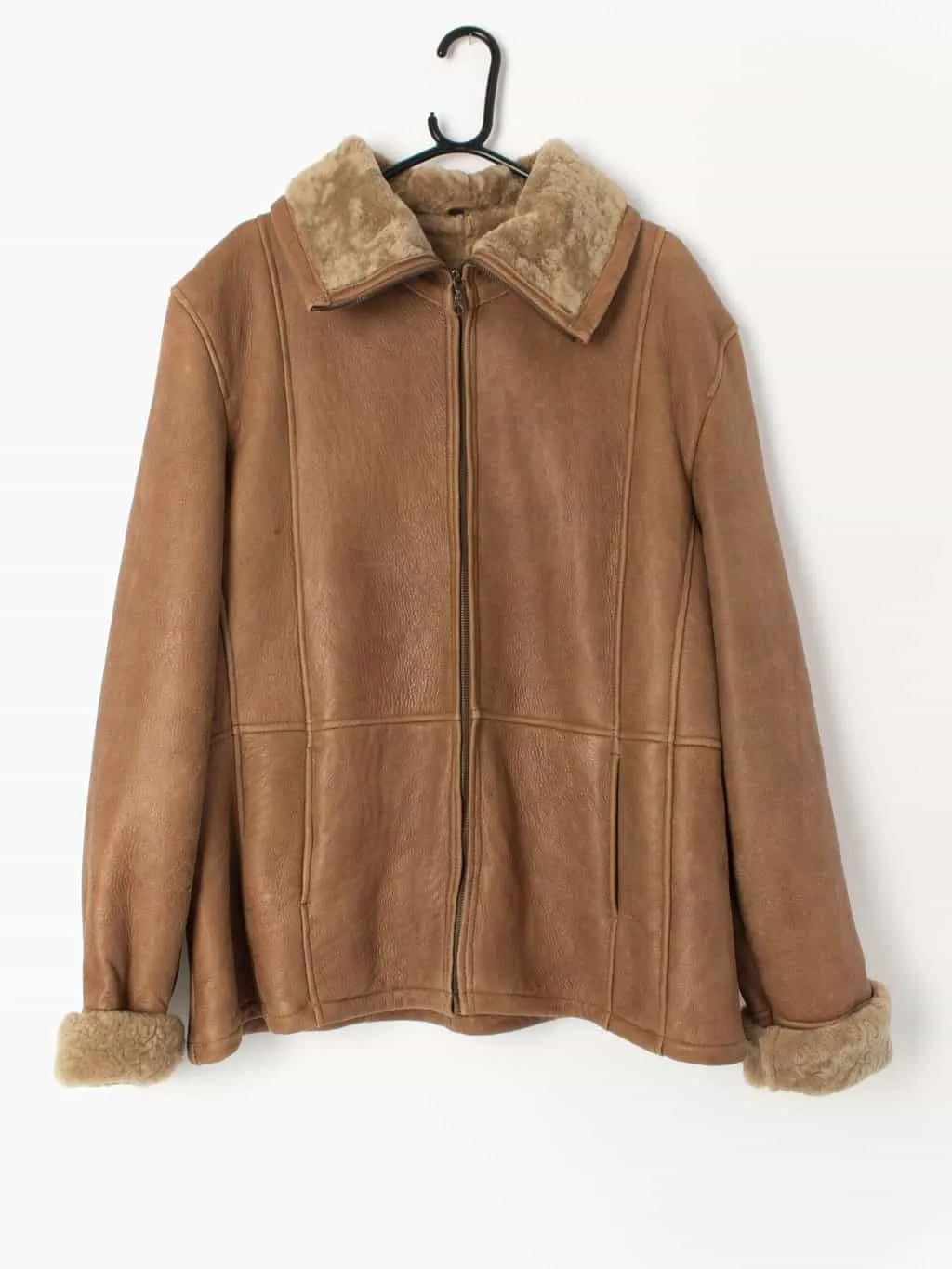 Vintage sheepskin jacket tan brown zip up 1970s – Large