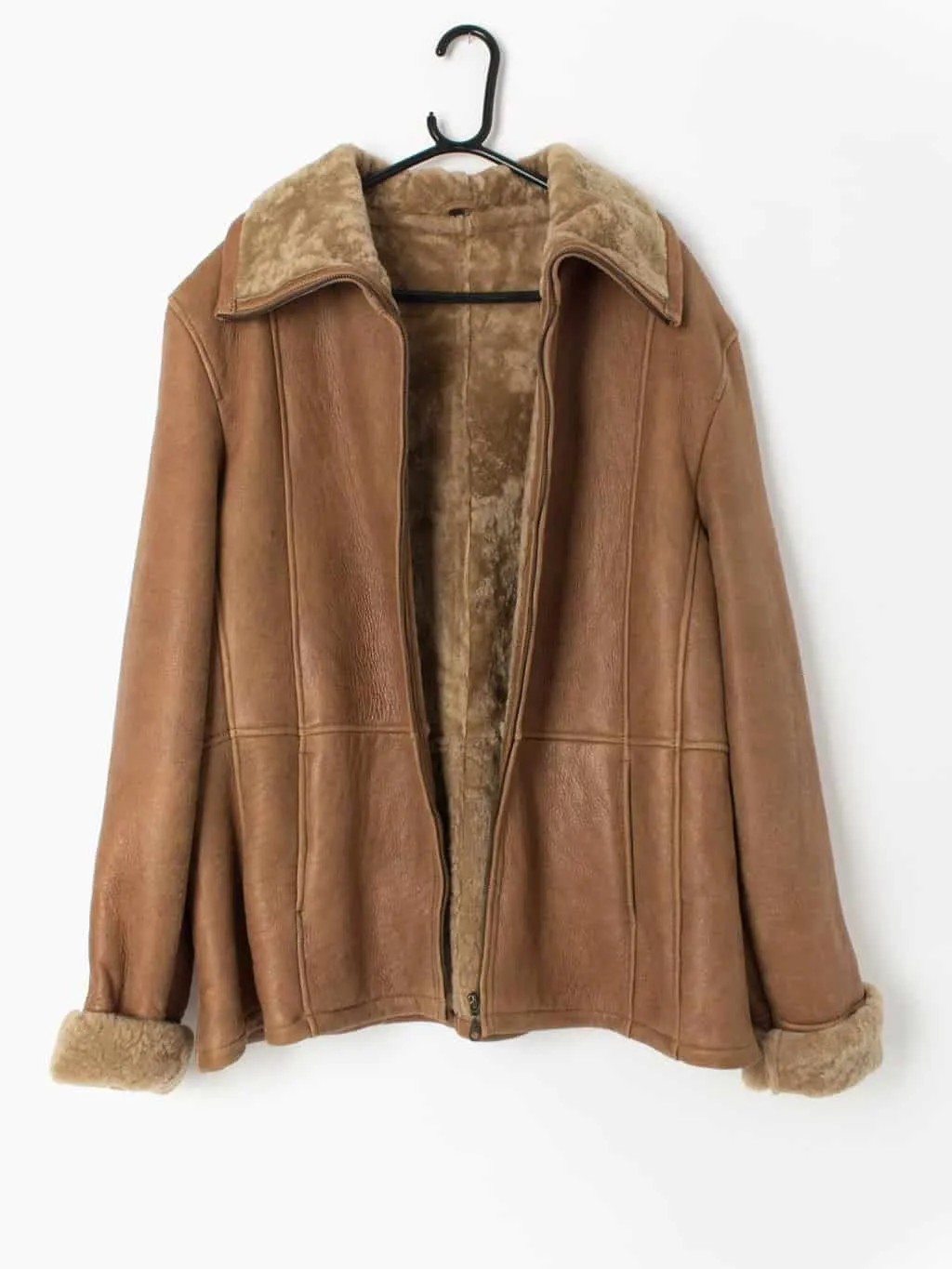 Vintage sheepskin jacket tan brown zip up 1970s – Large