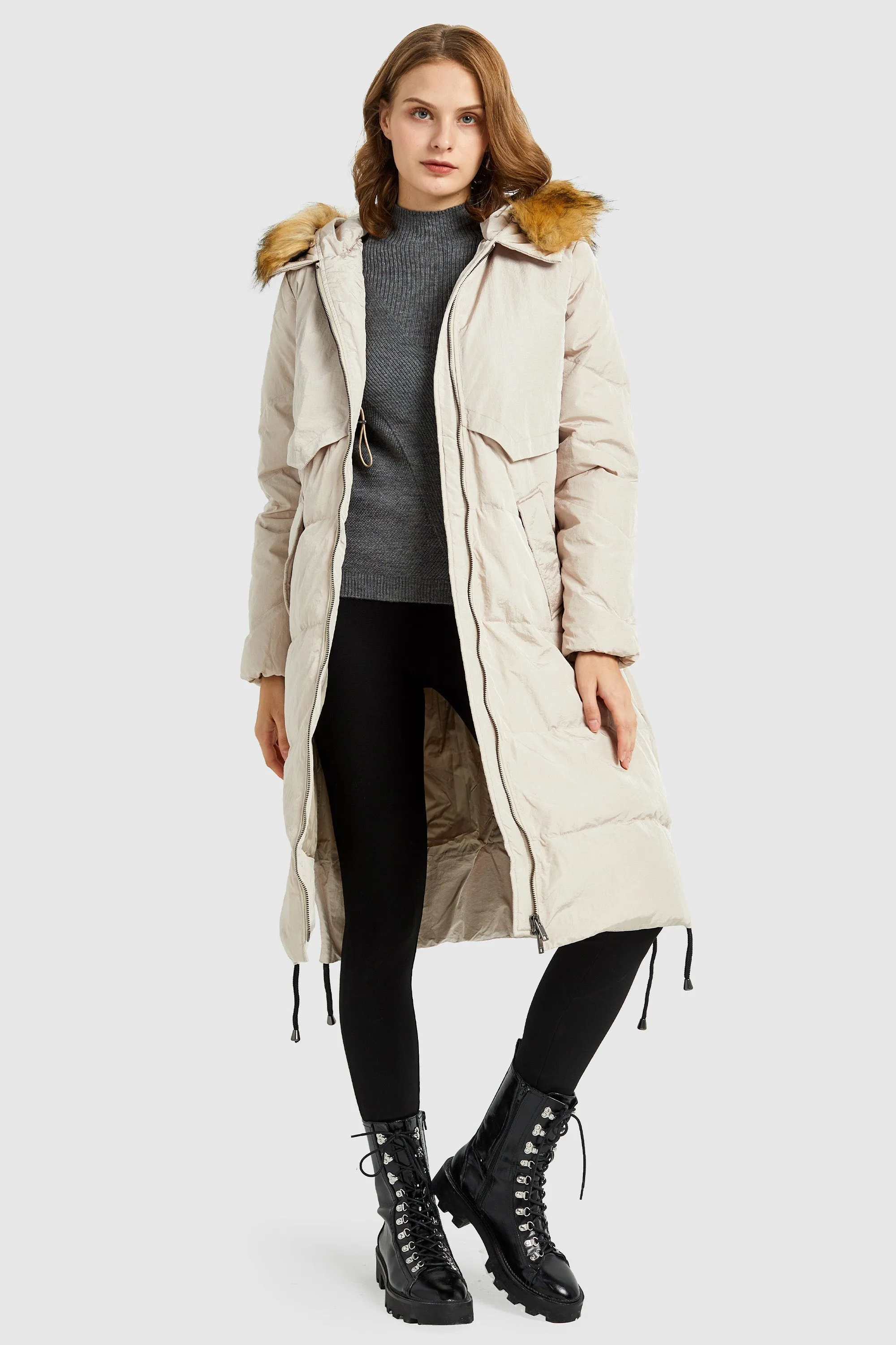 Winter Drawstring Down Coat Removable Faux Fur