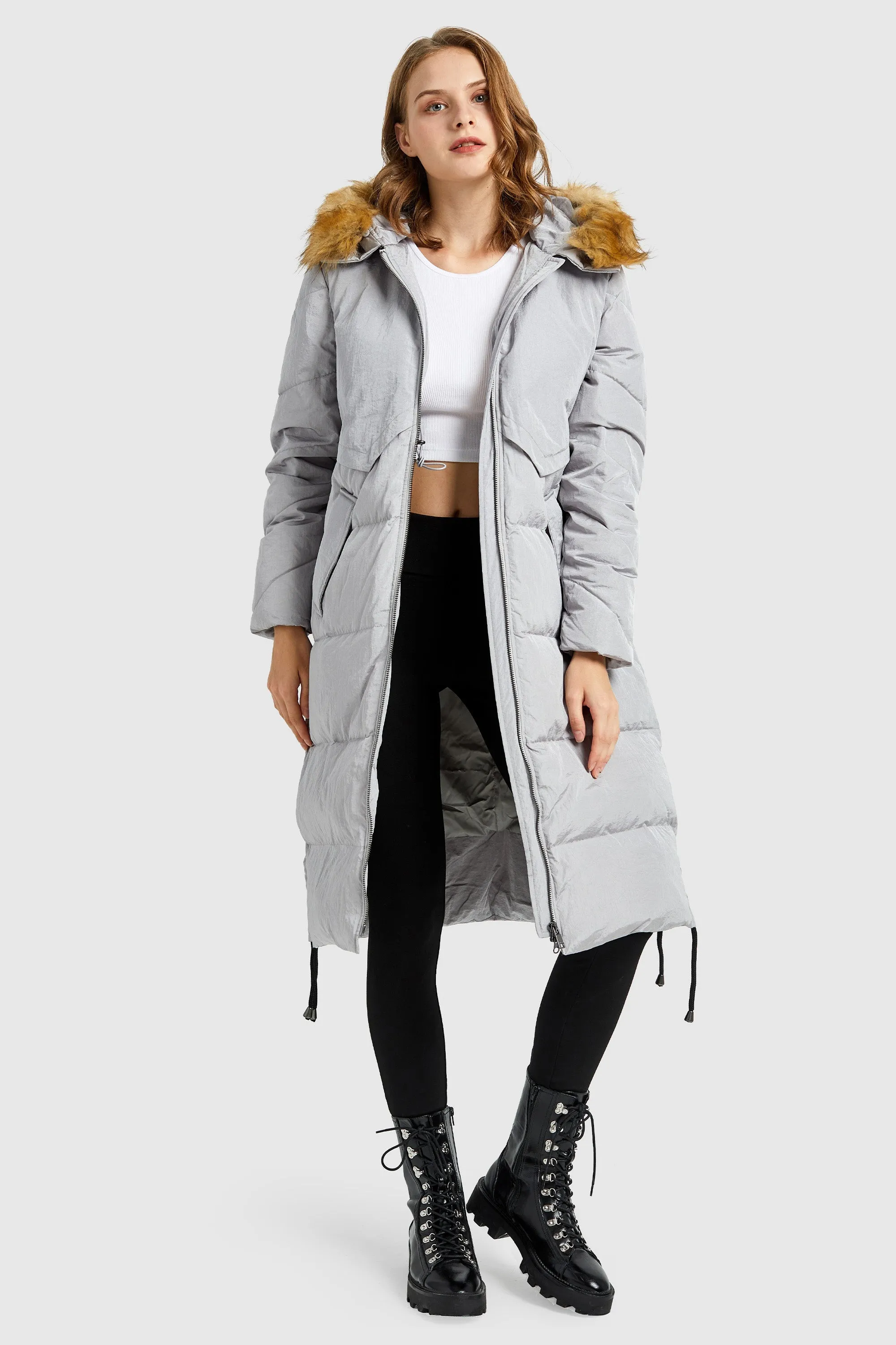 Winter Drawstring Down Coat Removable Faux Fur