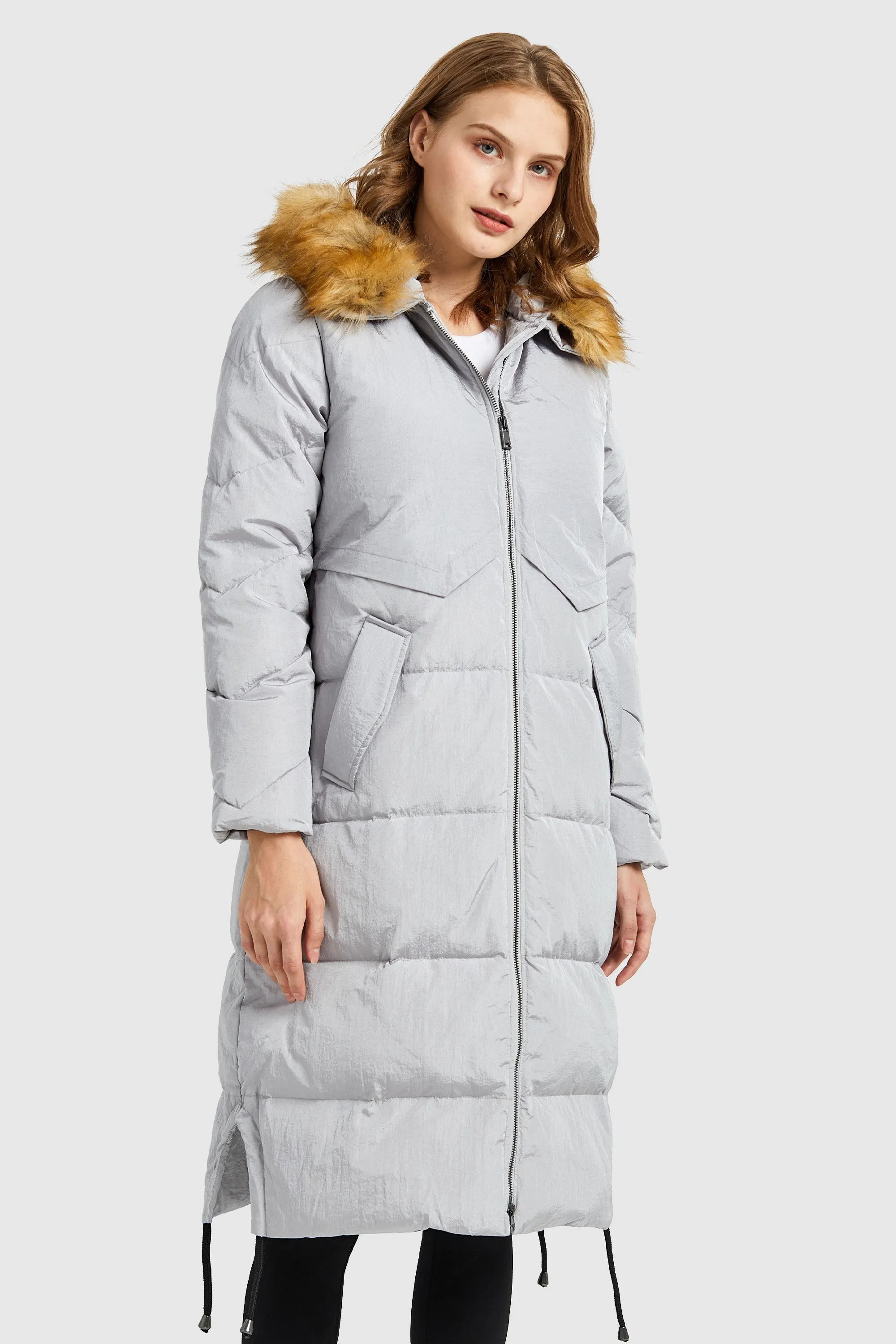 Winter Drawstring Down Coat Removable Faux Fur