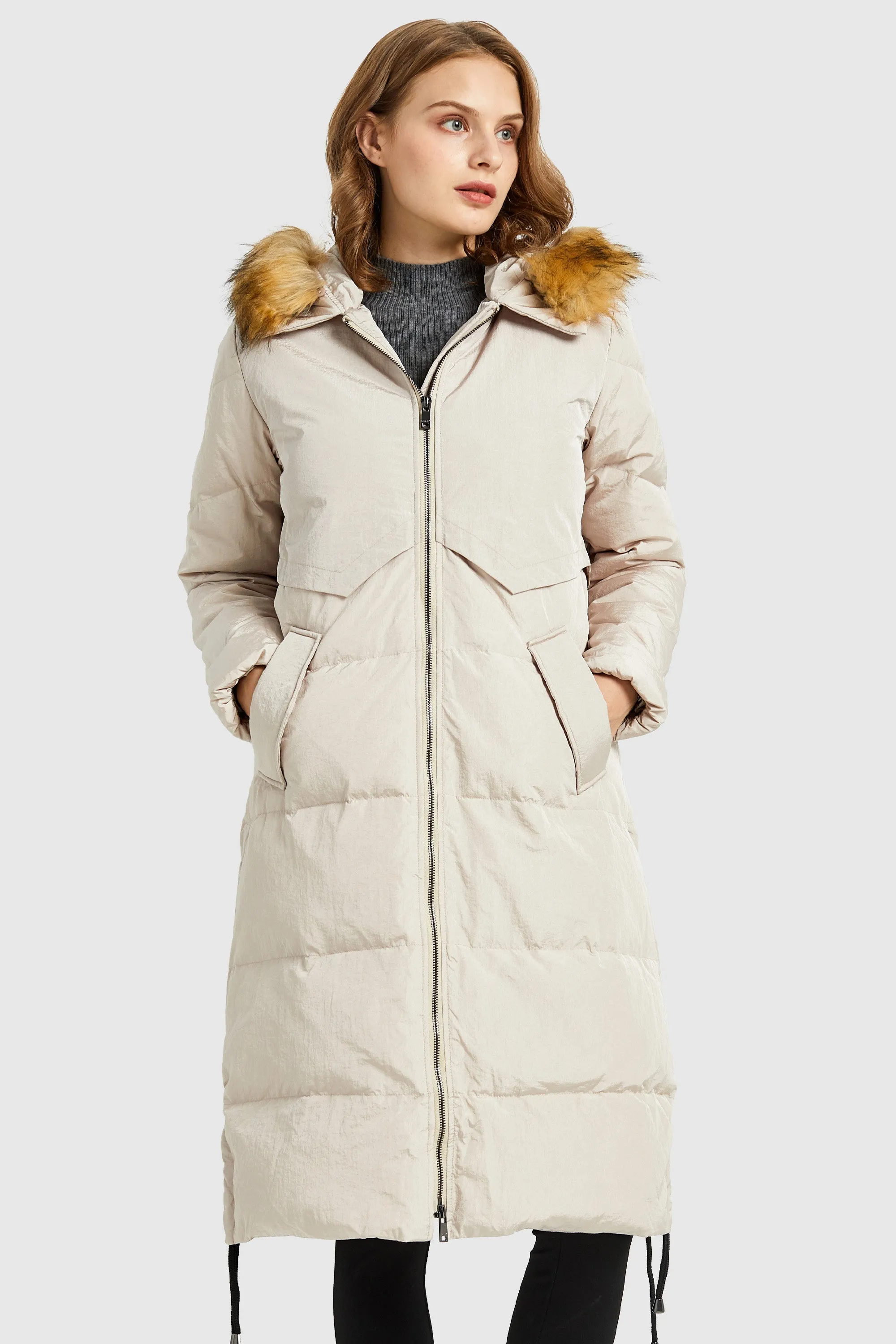 Winter Drawstring Down Coat Removable Faux Fur