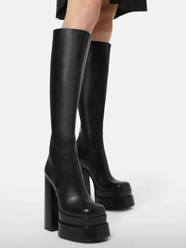 Women Boots Chunky Heel Platform Two Tone Black Knee Length Boots