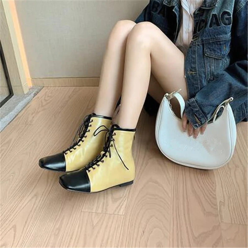 Women's Concise Cross Tied Back Zipper Square Toe Flat Ankle Boots