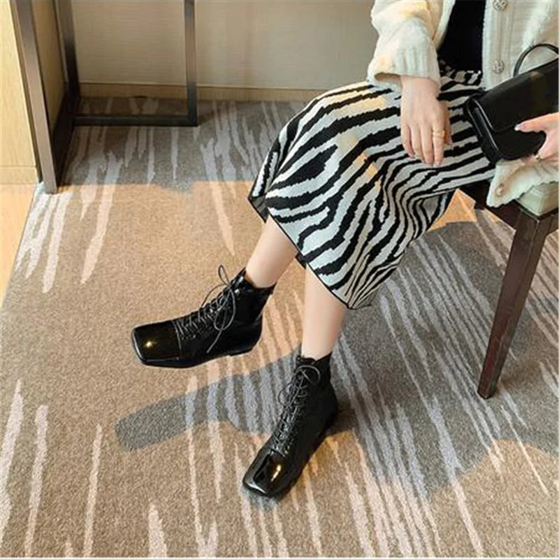 Women's Concise Cross Tied Back Zipper Square Toe Flat Ankle Boots