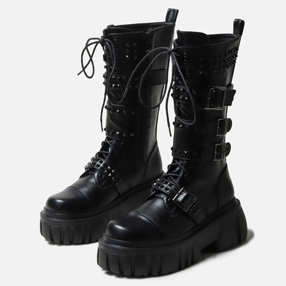 Women's Punk Style Round Toe Lace Up High Heel Motorcycle Ankle Boots